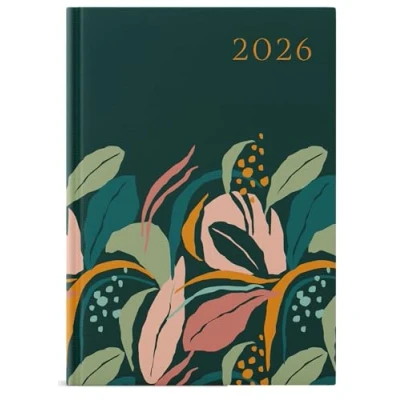 Image of 2026 A5 Week To View Diary Full Year Organiser Planner Hardback Appointment Times Diaries for Home Office School &amp; Work (Green Leaves)