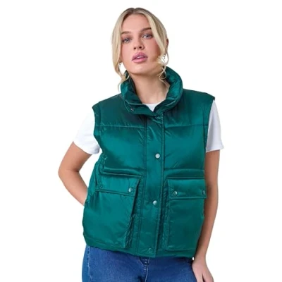 Image of Roman Pocket Detail Quilted Gilet for Women UK Ladies Autumn Everyday Winter Holiday Funnel Neckline Comfy Sleeveless Soft Front Pockets Desk to Dinner Puffer Vests Teal Size 18