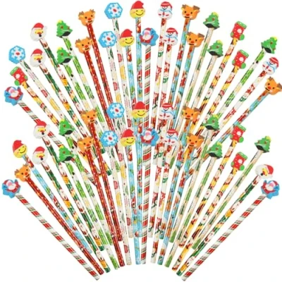 Image of VEYLIN Christmas Pencil with Eraser Toppers,50PCS Pencils Tips Novelty Stocking Fillers for Kids