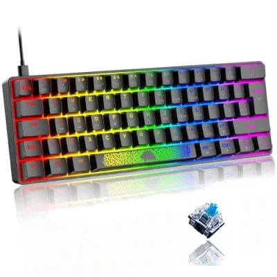 Image of 60% Compact Type C Usb Wired Mechanical Keyboard UK, Blue Switch, RGB Backlit Rainbow LED, Anti Ghosting, Media Keys, Laser Carving, Ergonomic Aesthetic, for Computer PC Lapto Black