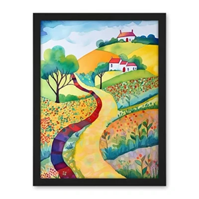Image of Artery8 Countryside Path In Spring Folk Art Landscape Watercolour Painting Artwork Framed Wall Print 18X24 Inch