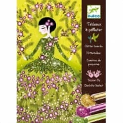 Image of Djeco Glitter Board Kit 6 to 10 Years Dress Design, Stimulates Creativity Activity Without Messing Contains 4 Cards, Colours, 1 Box, Brush and Instruction Manual