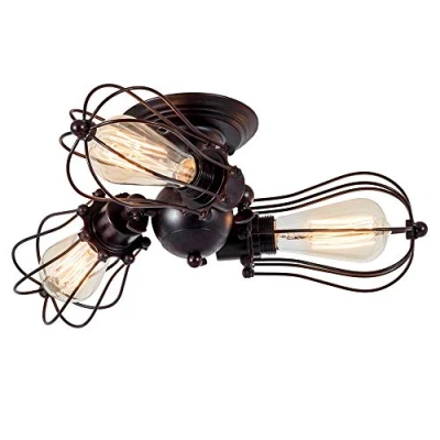 Image of Luling Vintage Ceiling Light Industrial, Chandeliers Adjustable Socket Metal Wire Cage Lamp Semi Flush Mount Rustic Fixtures (No Bulb) (with 3 Light) (Rust)