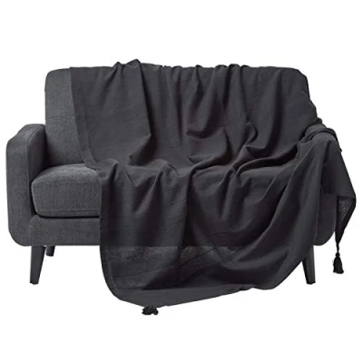Image of HOMESCAPES Rajput Ribbed Throw 100 x 140 Inches Black 100% Cotton, Suitable for most 3 Seater Sofas or Double, King bedspreads, Easy care, washable at home.