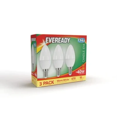 Image of Eveready E14 LED Light Bulb, Warm White 2700K, 40W Equivalent, 470 Lumen Candle SES Small Edison Screw Bulbs, Non Dimmable, Pack of 3