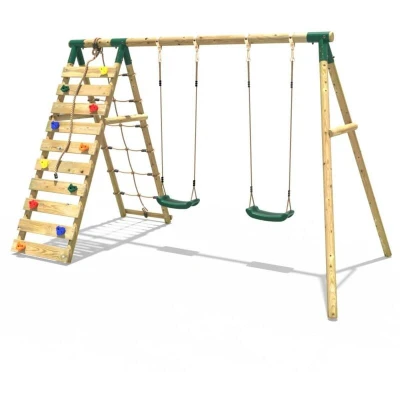 Image of Rebo® Wooden Swing Set with Up and Over Climbing Wall Ela Green OutdoorToys Cargo Net, Two Seats, Sturdy Construction, Pressure Treated Timber