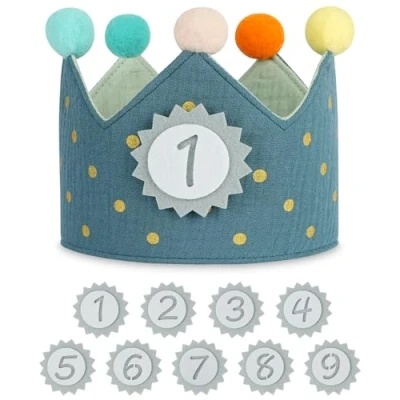 Image of URAQT Birthday Crown for Kids, Reusable Dot Party Hat with Interchangeable Number from 0 to 9, Baby Photo Props, Tiara Headbands Gifts Boys Girls, Blue