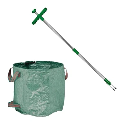 Image of Relaxdays Weeder with Garden Waste Bag, Self Standing, Foldable, Waterproof, Weed Cutter Long Handle, 99 cm, Green, Aluminium, x 21.5 4 cm
