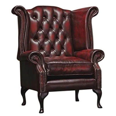Image of Chesterfield Genuine Leather Queen Anne chair Antique Oxblood Red