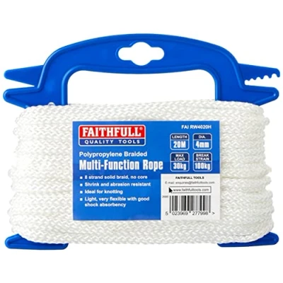 Image of Faithfull FAIRW4020H White Braided Poly Rope 4mm Dia x 20M 30kg Max Load, Breaking Strain 100kg