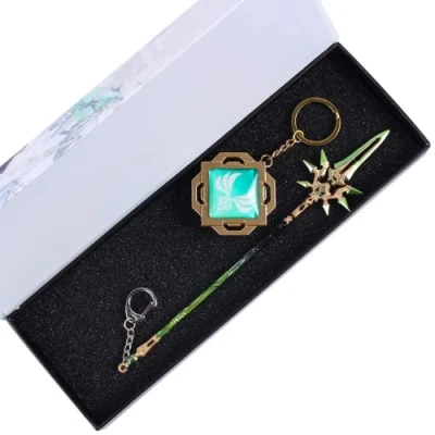 Image of 2 Set Genshin Keychain Primordial Jade Winged Spear Xiao Anemo Version Keyrings For Fan Collectors