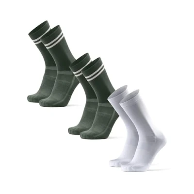 Image of DANISH ENDURANCE Performance Crew Cycling Socks, Cushioned Bike for Men &amp; Women, Unisex, 3 or 5 Pack, MC (2xOlive/Stripes, 1xWhite/Black), 9 12