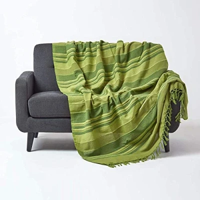Image of HOMESCAPES Green Throw “Morocco Cotton Textured Stripe 150 x 200 cm Bedspread Sofa Handmade Suitable ffor Armchairs and 2 Seater Sofas or Single Double Beds Machine Washable
