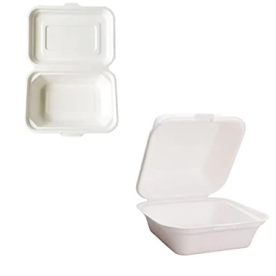 Image of EcoFlavour Disposable Clamshell Takeaway Strong Burger boxes 6x6 Inches White Set Of 50 Biodegradable, Compostable, Recyclable Bagasse Food Containers/Lunch