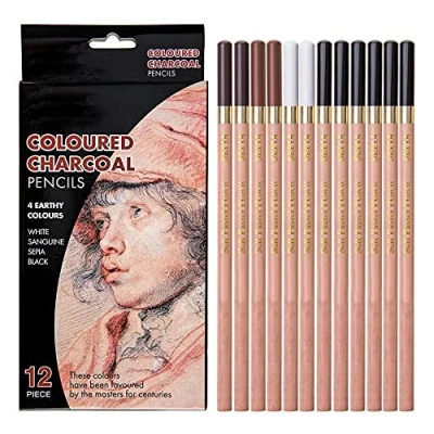 Image of Fdit 12PCS 4 Colors Sketching Pencils Wooden Charcoal Drawing Pencil Art Supplies with Gift Box for Students, Beginners, Professional Painter, White/Sanguine/Sepia/Black