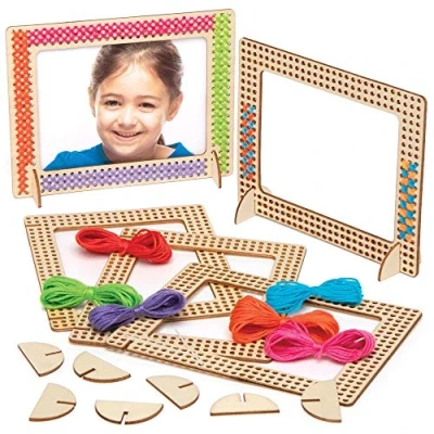 Image of Baker Ross AT809 Cross Stitch Wooden Photo Frame Kits, for Beginners and Kids Arts Crafts Projects (Pack of 4), Assorted, Blue,Green,Orange,Pink,Purple,Red