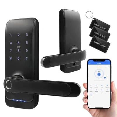 Image of EURA ELH 01H4 Smart Door Handle, Code Lock, Mifare 13.56 MHz Proximity, Biometric Reader, App TTLock/TTHotel, IP65, Universal Latch Spacing, Black