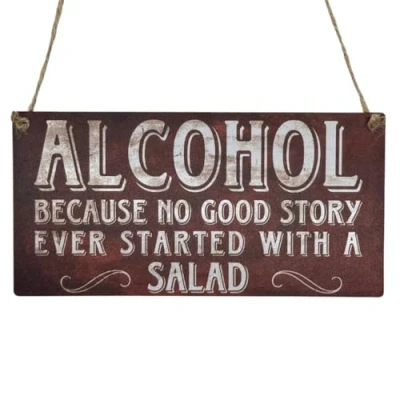 Image of Second Ave Funny Alcohol Good Story Wooden Hanging Rectangle Home Bar Friend Sign Plaque