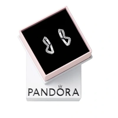Image of Pandora Timeless Sparkling Wave sterling silver hoop earrings with clear cubic zirconia