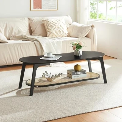 Image of [en.casa] Coffee table Taivalkoski Living room with storage space bamboo 120 x 43 40 cm Side lower shelf Sofa oval black/rattan look