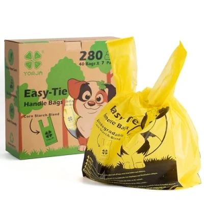 Image of YORJA Tie Handles Dog Poo Bags, 280 Pet Poop Thick and Strong 100% Leak Proof Biodegradable Waste Bags (Yellow)