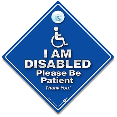 Image of I Am Disabled Please Be Patient Car Sign, Driver Disability Advisory Vehicle Sign for Wheelchair User Access in Super Bright Blue and Silver 14cm x 2cm