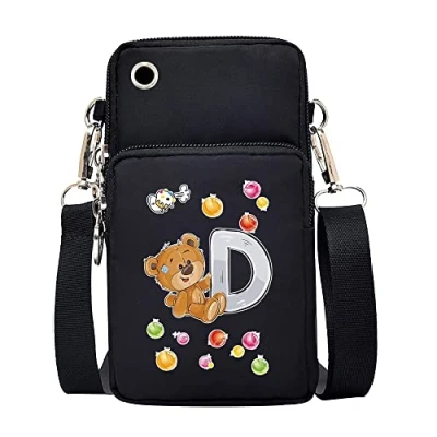 Image of FINDING CASE initial letter Printed Women Girls men Zipper Waterproof Nylon 3 Layers Crossbody Bags Wallet Cellphone Purse Shoulder Bag Wristlet Handbags Adjustable Strap (Bear D)