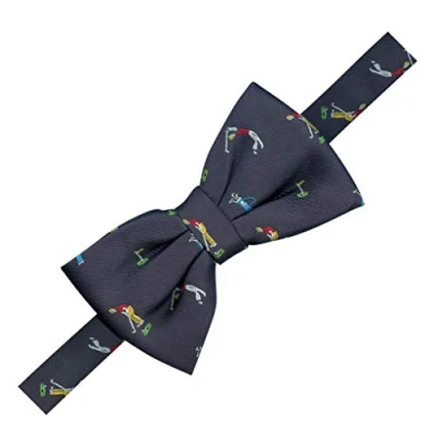 Image of Farm Cottage Brands Luxury woven golf BOW tie with Golfers taking the shot on a Navy Blue background