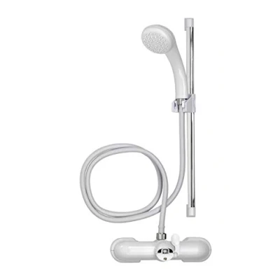 Image of Croydex Bar Mixer Shower Set, 1500mm Plastic White Hose, One Function Head, Chrome Riser Rail, Easy Installation, Suitable for Round Taps,