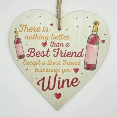 Image of Second Ave Funny Best Friend Brings Wine Wooden Hanging Heart Home Friendship Sign Plaque