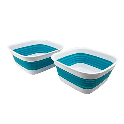 Image of SAMMART 8L Collapsible Tub Foldable Dish Portable Washing Basin Space Saving Plastic Washtub (White/Ceramic Blue (Set of 2))