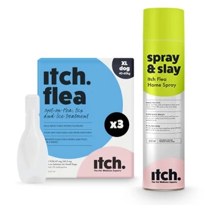 Image of Itch l Flea &amp; Tick Treatment for X Large Dogs 40kg+ Household Spray Kills Fleas, Lice, Ticks, Eggs and Larvae Odourless 500ml Pack of 3 Pipettes
