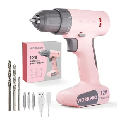 Image of WORKPRO 12V Cordless Drill Driver with Battery 1500 mAh, 3/8&#039;&#039; Chuck Keyless Electric Screwdriver, 17+1 Torque, Pink Power for Drilling and Tightening/Loosening Screws