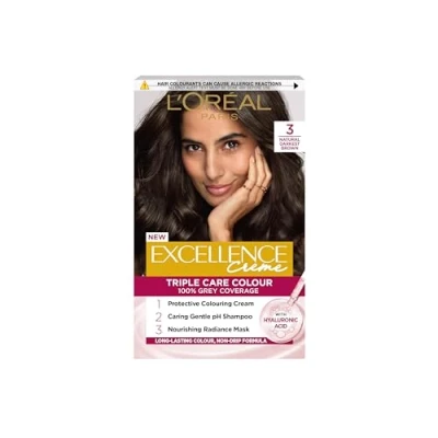 Image of L&#039;Oréal Paris Excellence Crème Permanent Hair Dye, Radiant At Home Colour with Up to 100% Grey Coverage, Pro Keratin, 8 Weeks of Colour, Colour: 3 Natural Darkest Brown