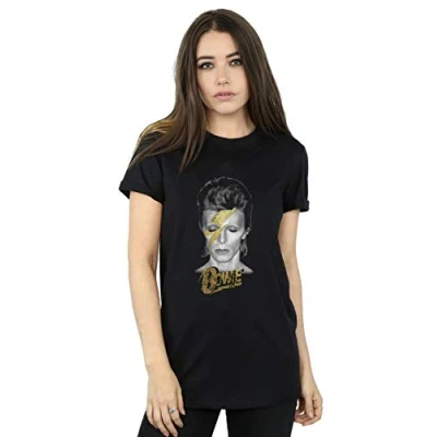 Image of David Bowie Women&#039;s Aladdin Sane Gold Bolt Boyfriend Fit T Shirt Black Large
