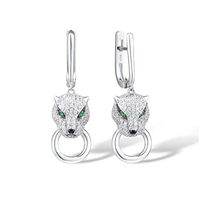 Image of Santuzza Panther Earrings 925 Sterling Silver Cubic Zirconia Green Spinel Leopard Dangle for Women