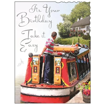 Image of Greeting Card (JJ4245) Male Birthday Narrowboat Silver Foil Embossed Finish