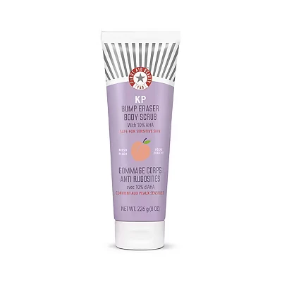 Image of First Aid Beauty KP Bump Eraser Body Scrub with 10% AHA, Keratosis Pilaris Exfoliator Glycolic &amp; Lactic acids, Helps Reduce Chicken Skin Bumps, Safe for Sensitive Skin, NEW Peach Scent (226 g)
