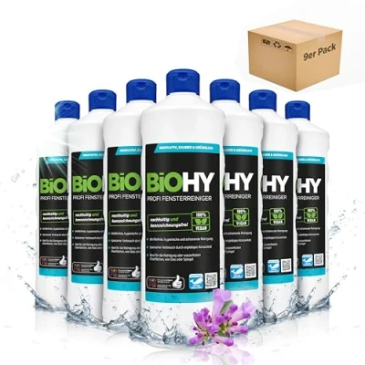 Image of BiOHY Glass and Surface Cleaner (9 x 1l Bottle) Alcohol Concentrate Universal Intensive &amp; Sustainable Automatic (Glas und Oberflächenreiniger)