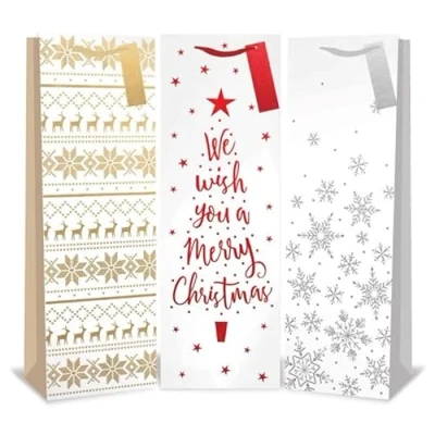 Image of Tallon XB0119B Christmas Wine/Spirit Bottle Bags White Foil Designs Pack of 12