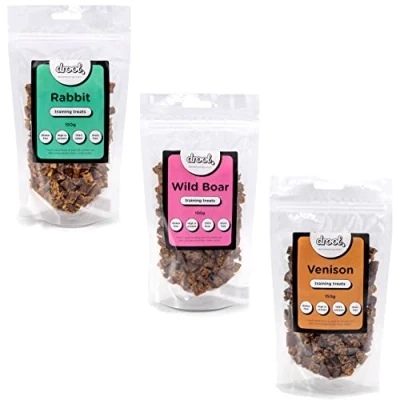 Image of Drool Pet Products 100% Pure Dried fresh meat Rabbit Venison &amp; Wild Boar Triple Pack Training Treats for Dogs 3 x 150g Air Nibbles Dog Chews