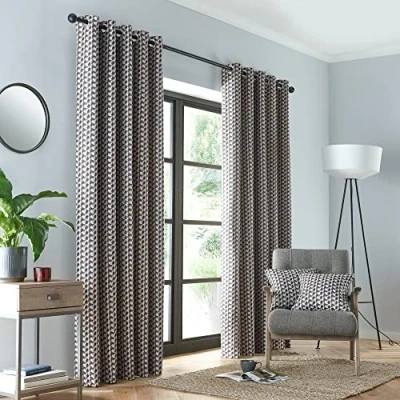 Image of Fusion Prado Jacquard Pair of Eyelet Curtains 90&quot; Width x 72&quot; Drop (229 183cm) in Grey/Terracotta