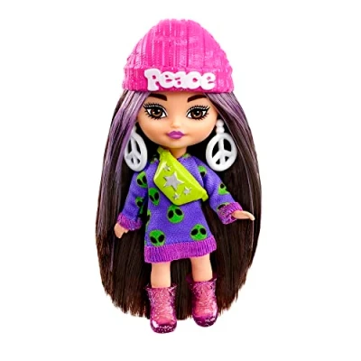 Image of Barbie Doll, Extra Mini Brunette Doll with Alien Sweater Dress, Peace Sign Themed Clothes and Accessories​, HLN46