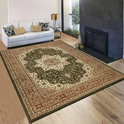 Image of householdfurnishing Vintage Traditional Non Slip Rug Bedroom Living Room Carpet Mat Runners Floral Pattern Wide Area Persian Style Rugs (160 x 230 cm Rug, Green)