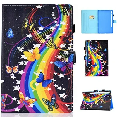 Image of Bspring Samsung Tab S6 10.5 Case Magnetic Closure Wallet Flip Stand Cover With Aoto Wake/Sleep, Pen Holder and Cards Solt For Galaxy SM T860/T865 Inches 2019 Rainbow &amp; Butterfly