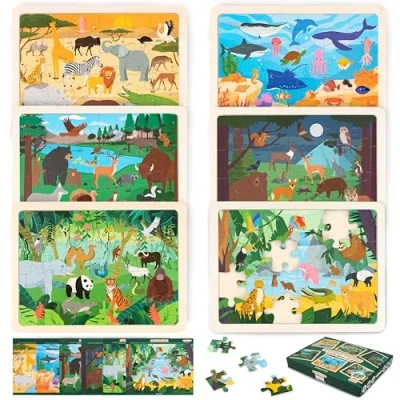 Image of BONNYCO Wooden Puzzle for Kids 6 Sets 24 Pcs of Animals from Different Ecosystems. Children’s Jigsaw with Board, Educational Toys, Gifts Ages 3 to 8, Christmas, Birthday