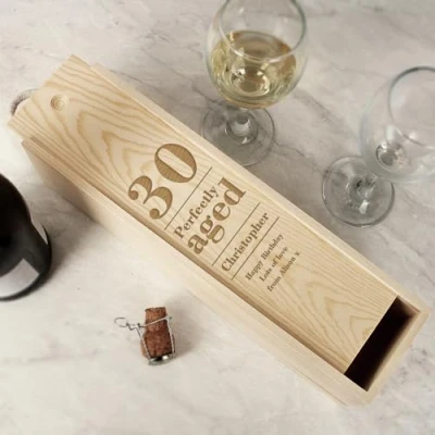 Image of Custom Birthday Wooden Wine Bottle Gift Box Presentation Holder 21st 30th 40th 50th 60th 70th 80th Personalised