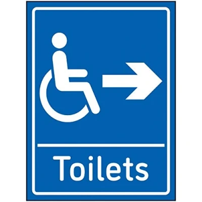 Image of V Safety Disabled Toilets Arrow Right Sign 150x200mm Blue Self Adhesive Vinyl