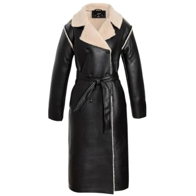 Image of SS7 Womens Shearling Lined Trench Coat Faux Leather Black