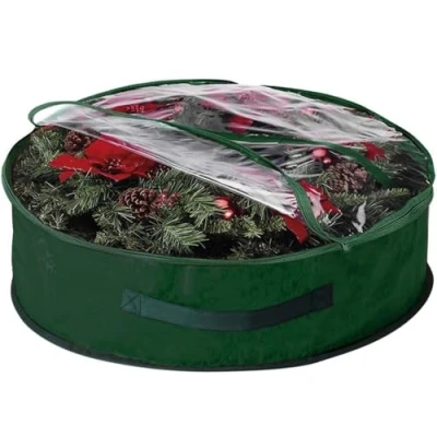 Image of Ram® Green Christmas Zip Up Wreath Storage Bag 60CM Garland Wreaths Container with Clear Window